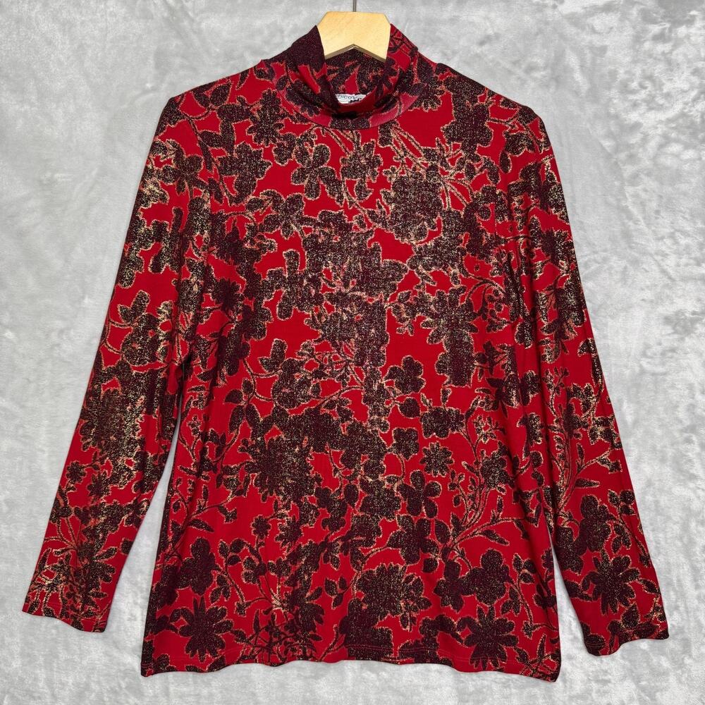Chico's Shirt Womens M Red Floral Mock Neck Long Sleeve Stretch Knit Shimmer